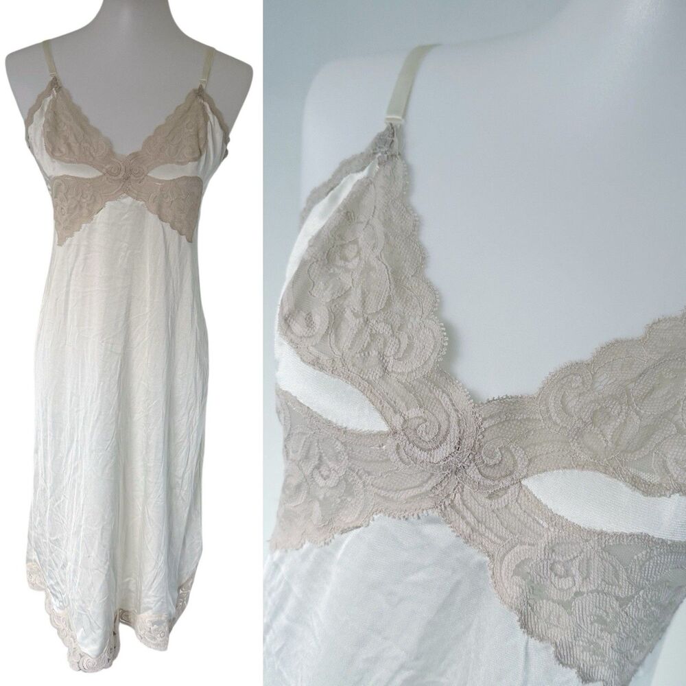 Vintage Vanity Fair Women Babydoll Slip Dress Size 36 Sheer Lace Trim Sexy Beige